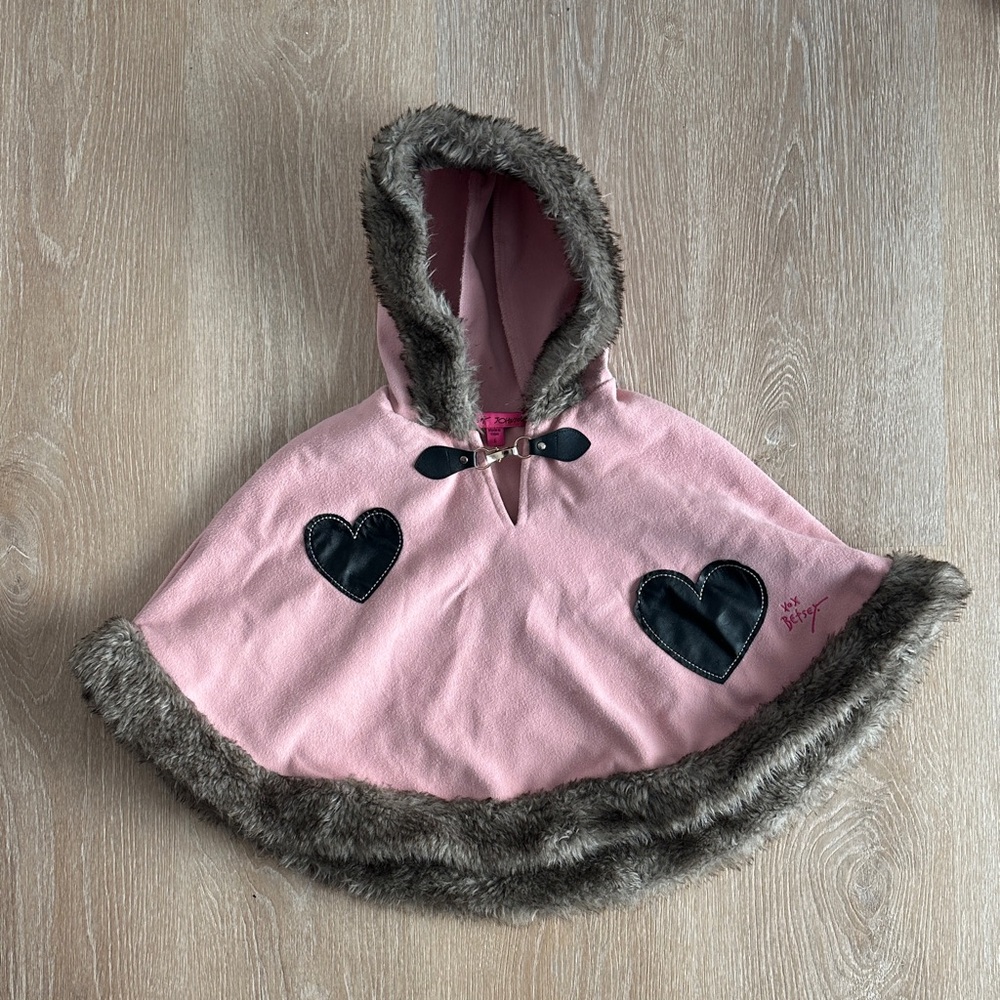 Betsey Johnson Girls Pink Fur Trim Cape with Hearts – Size 6